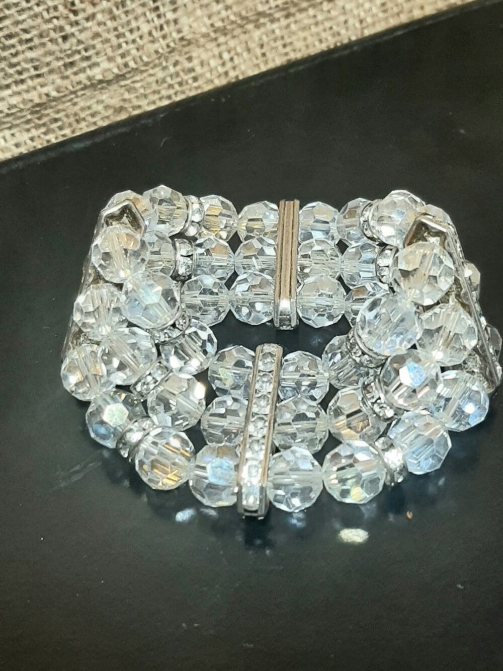 Triple strand AB faceted crystal and rhinestone bracelet